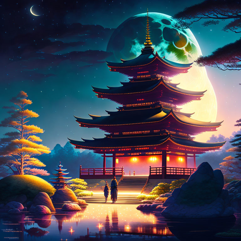 Couple walking towards majestic pagoda under large moon in serene nighttime scene