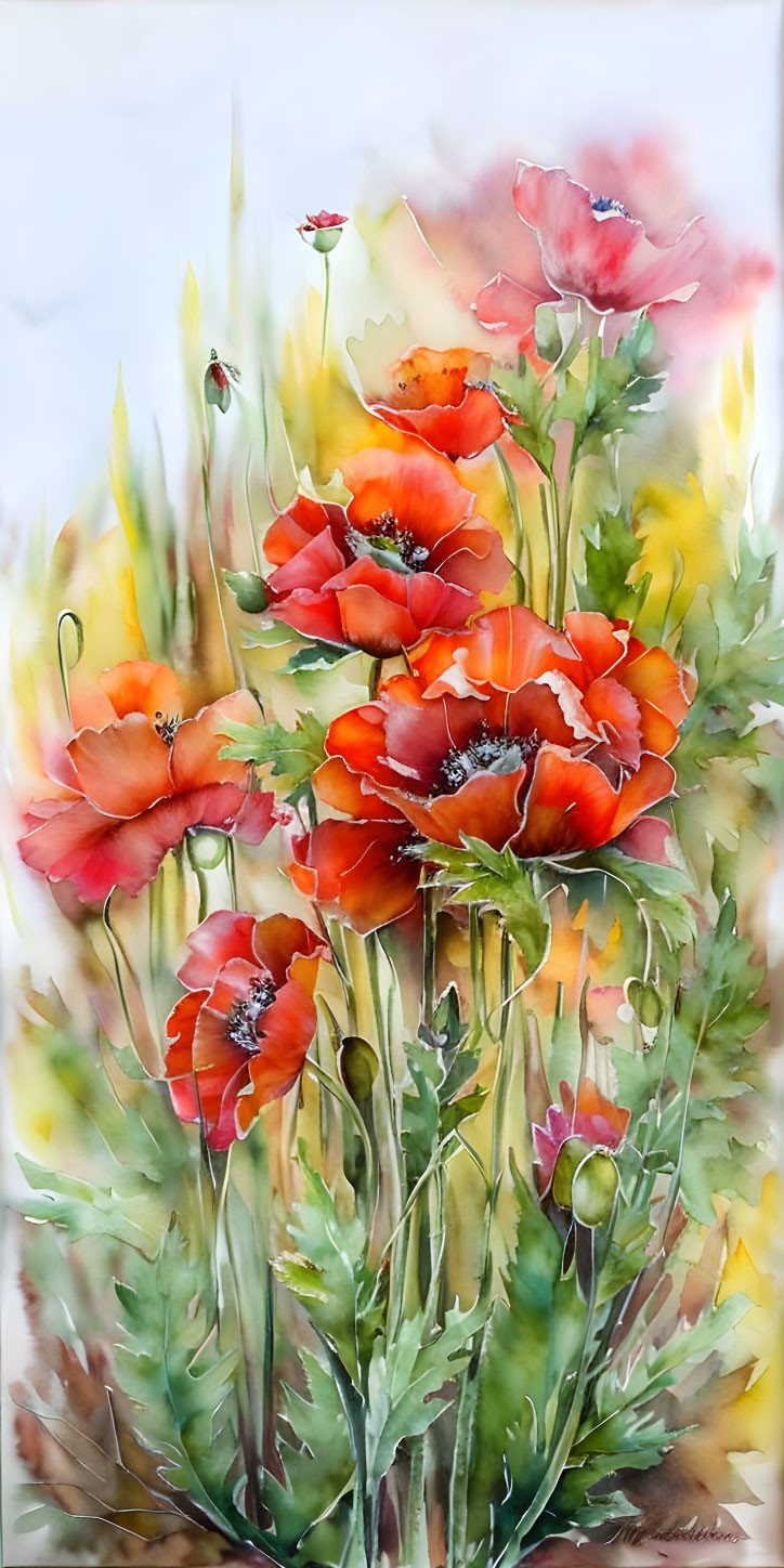 Vibrant Red Poppies Watercolor Painting on Yellow Background