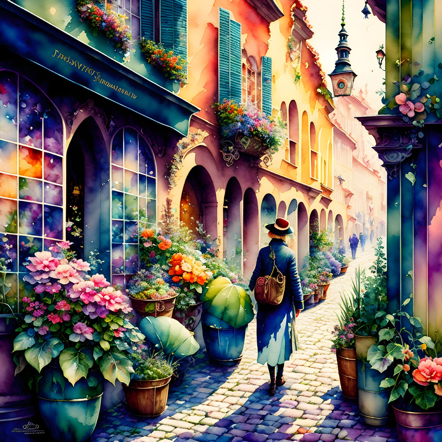 Colorful Street Scene with Person Walking Past Buildings and Flowers