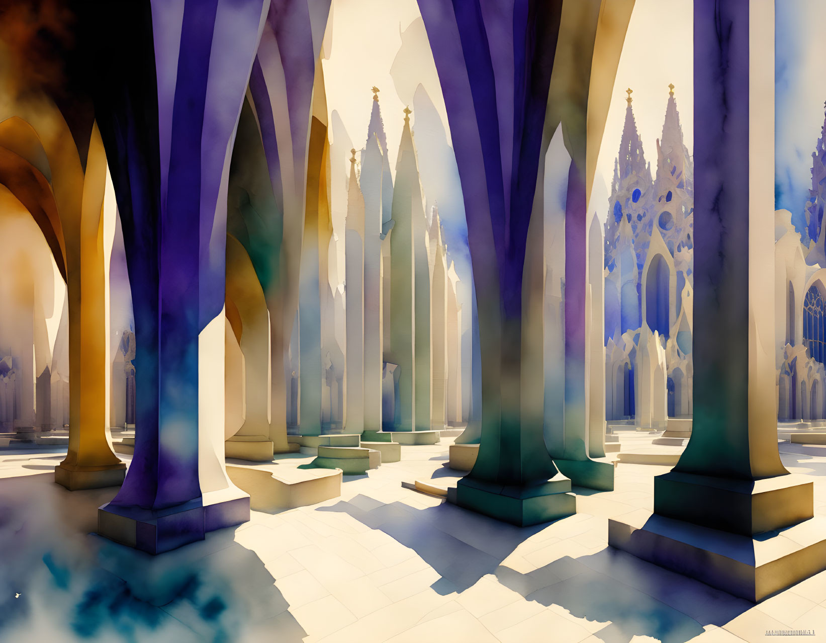 Fantasy Digital Artwork: Colorful Pillars, Arches, Stained Glass