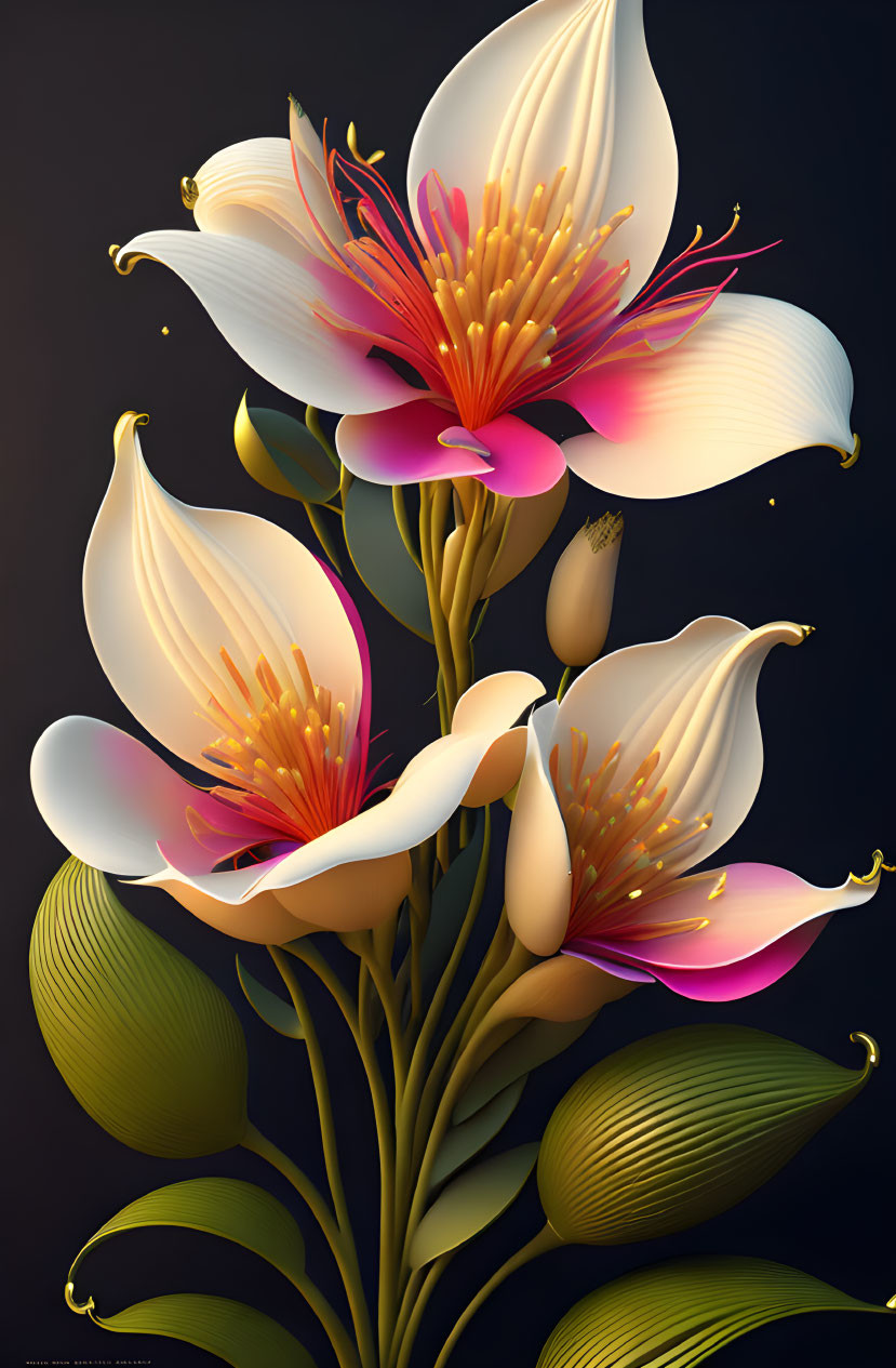 Colorful digital illustration of white and pink lilies with bold stamens on dark background