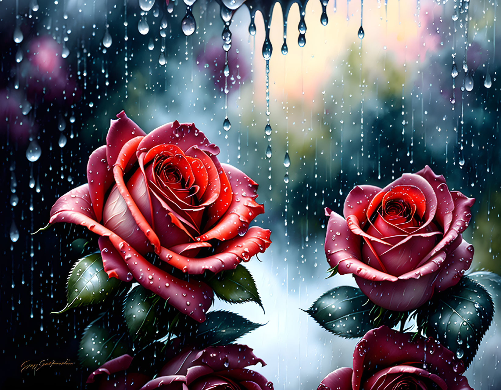 Bright Red Roses with Raindrops on Rainy Bokeh Background