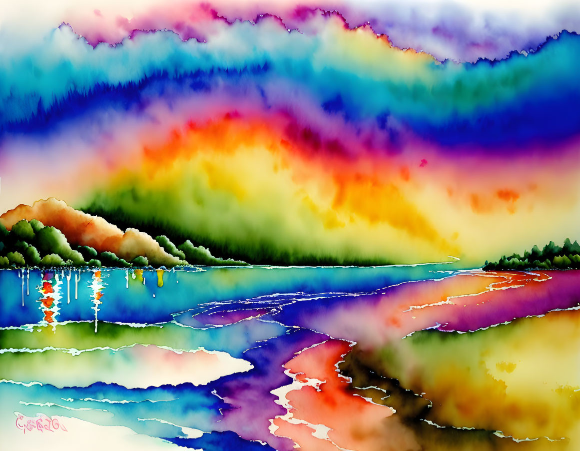 Colorful Watercolor Landscape with Sky, River, and Sailboats