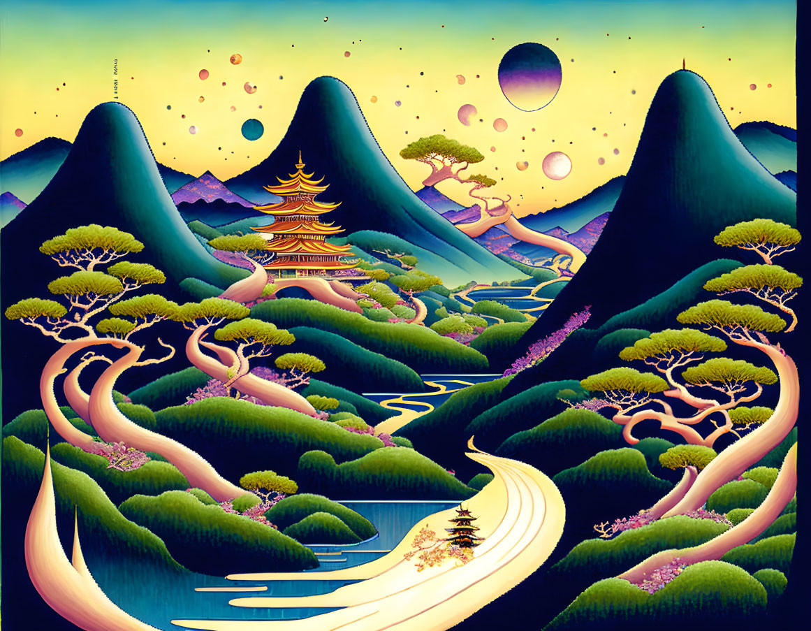 Whimsical landscape with green hills, pagoda, and multiple moons