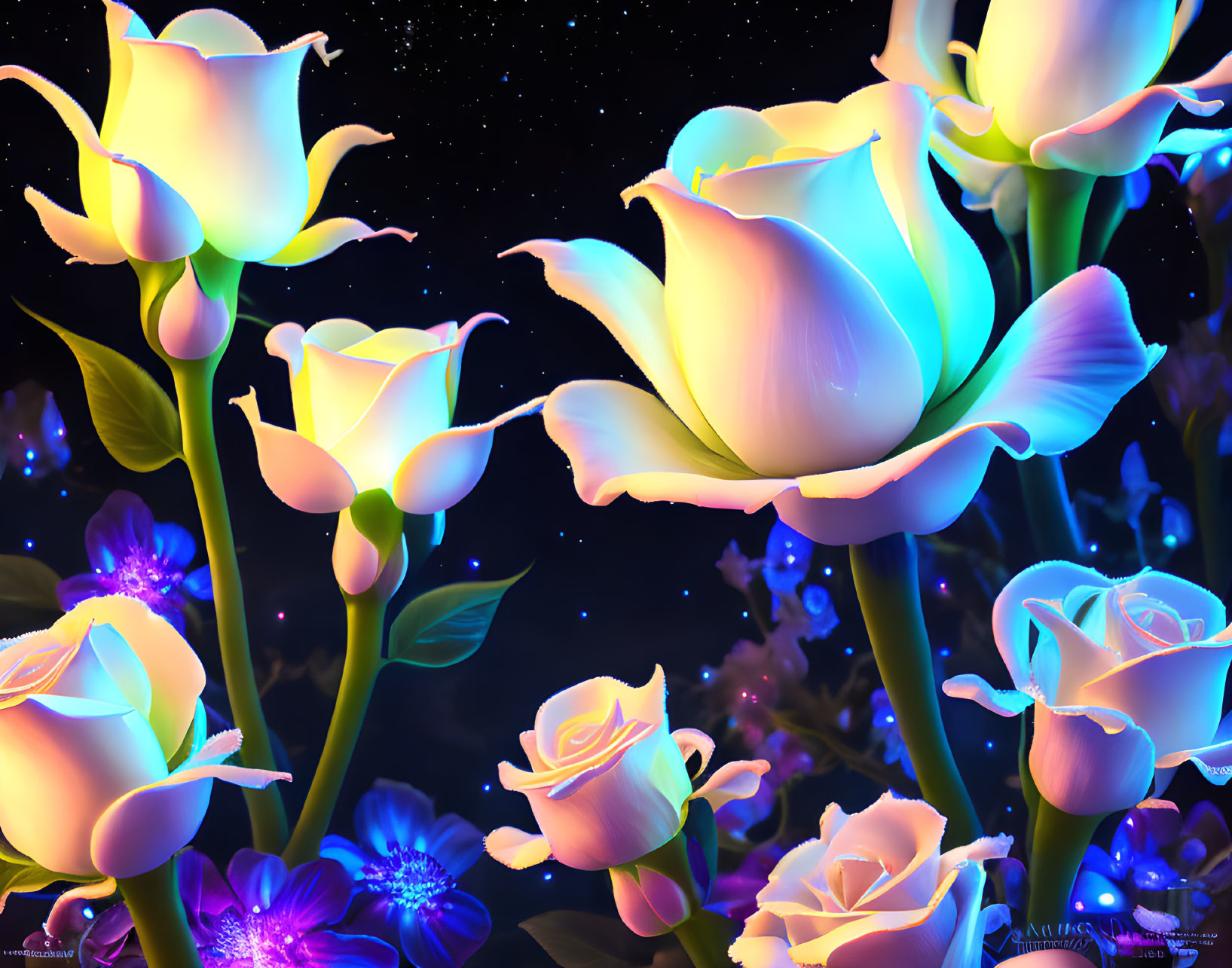 Neon roses in different bloom stages on starry night background