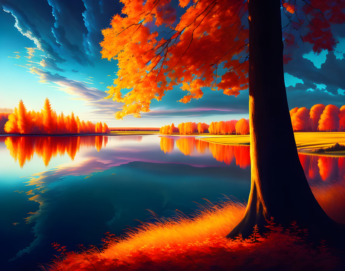 Fiery red-orange trees reflecting in tranquil blue lake under clear sunset sky