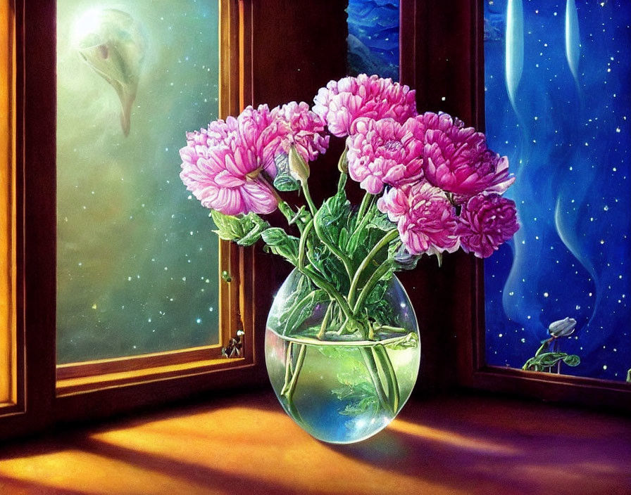 Pink peonies bouquet in glass vase on windowsill with surreal green nebula view