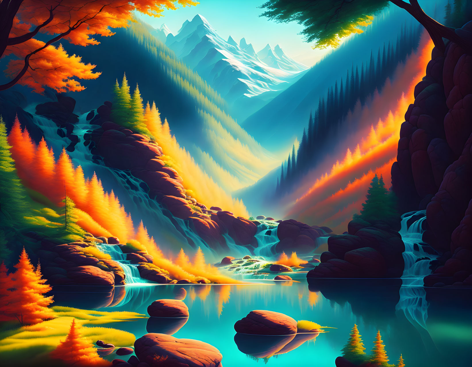 Colorful autumn forest scene with river and mountains under gradient sky