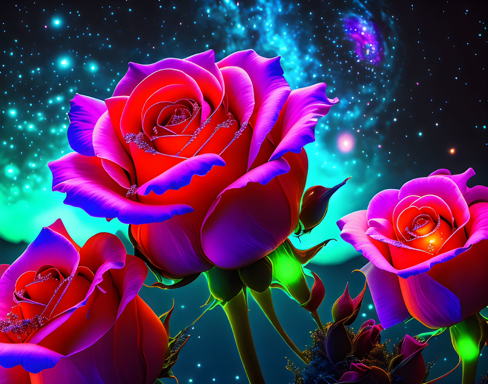 Colorful neon roses on cosmic background with stars and nebulae