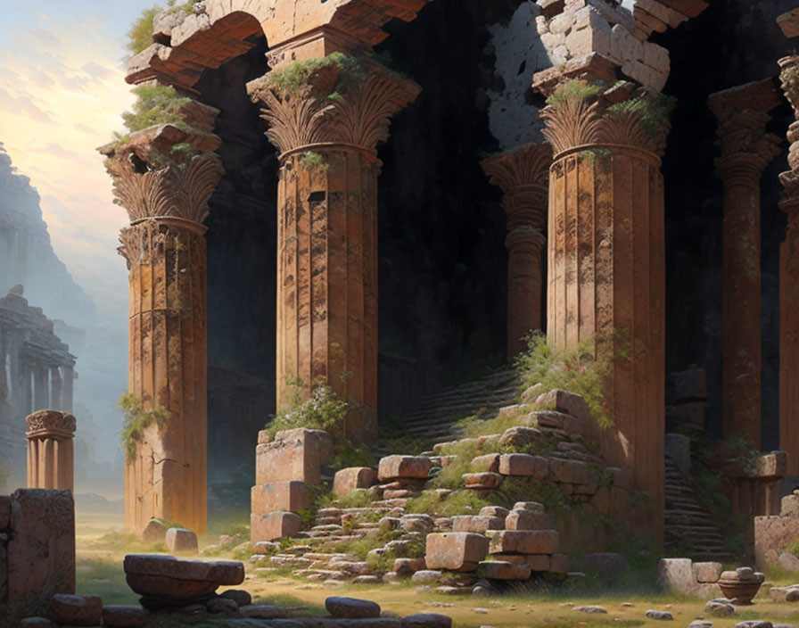 Ancient ruins with towering columns and scattered stones under soft sunlight