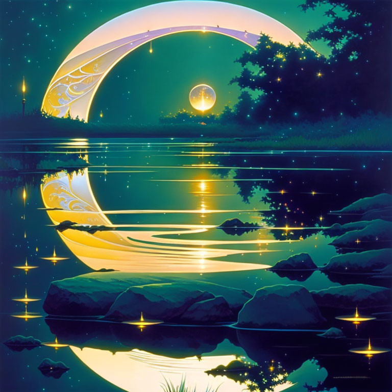 Nighttime landscape with crescent moon over calm lake and glowing orbs