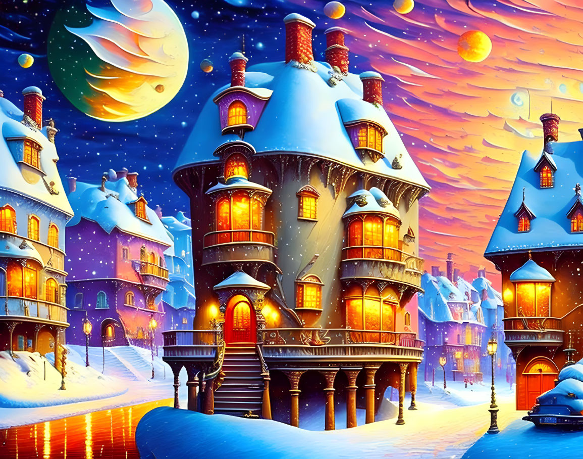 Whimsical winter scene with starry sky, moon, and falling snowflakes