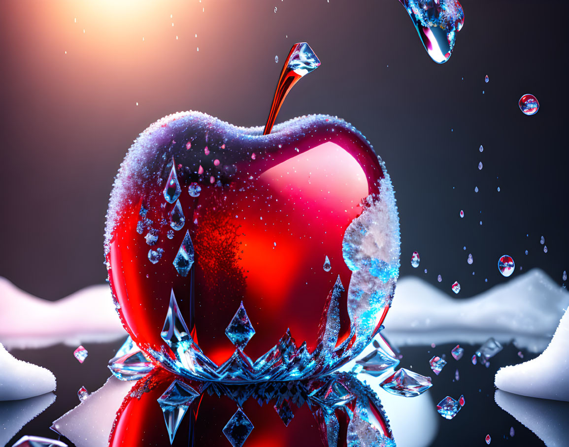 Red apple with water droplets and ice crystals on dark background