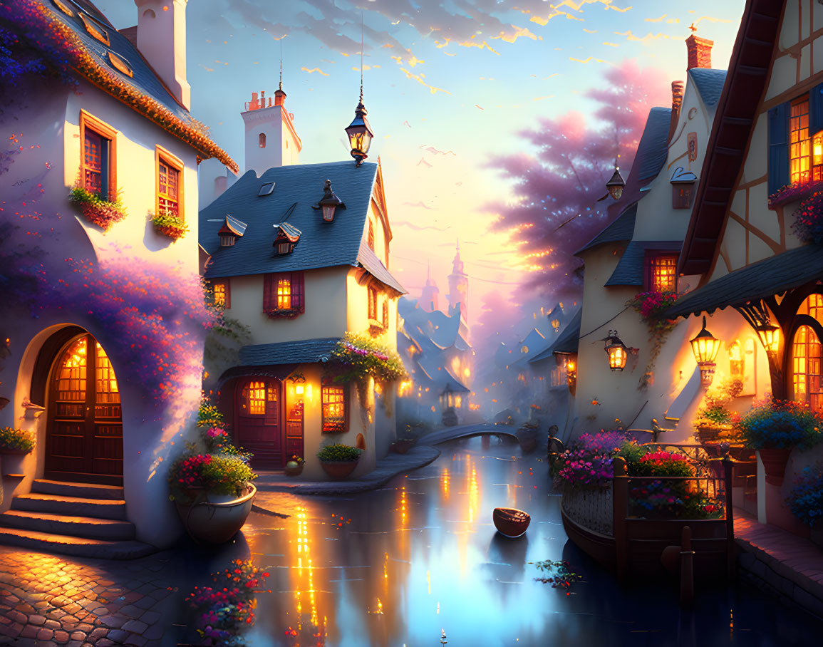 Charming Dusk Scene of Quaint Village Street