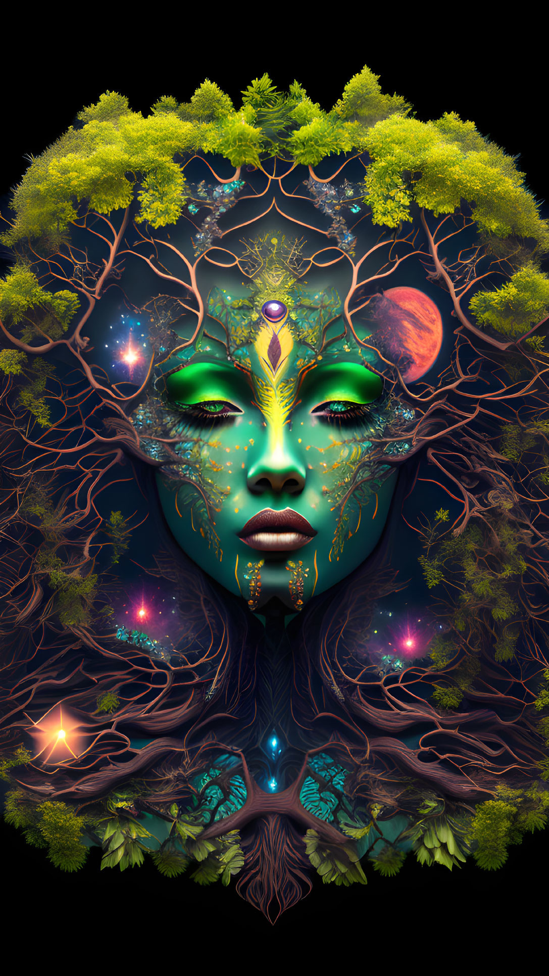 Female face merged with nature elements: tree structure, celestial bodies, lush greenery