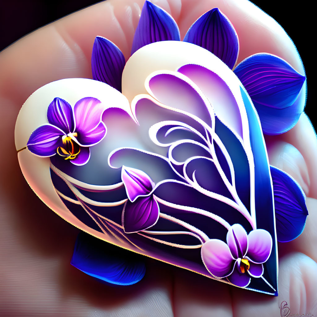 Intricate white patterns on glossy heart with purple flowers on dark background