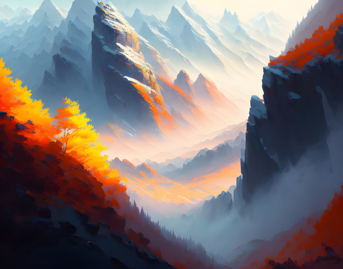 Colorful digital artwork: Mountain landscape in golden light with orange foliage and misty blue peaks.