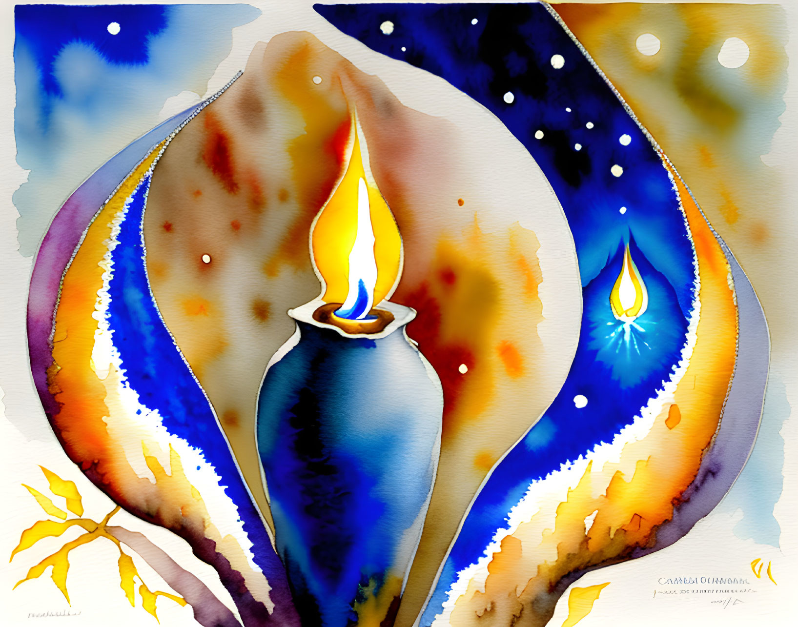 Abstract watercolor painting of stylized flames in vibrant colors on white background