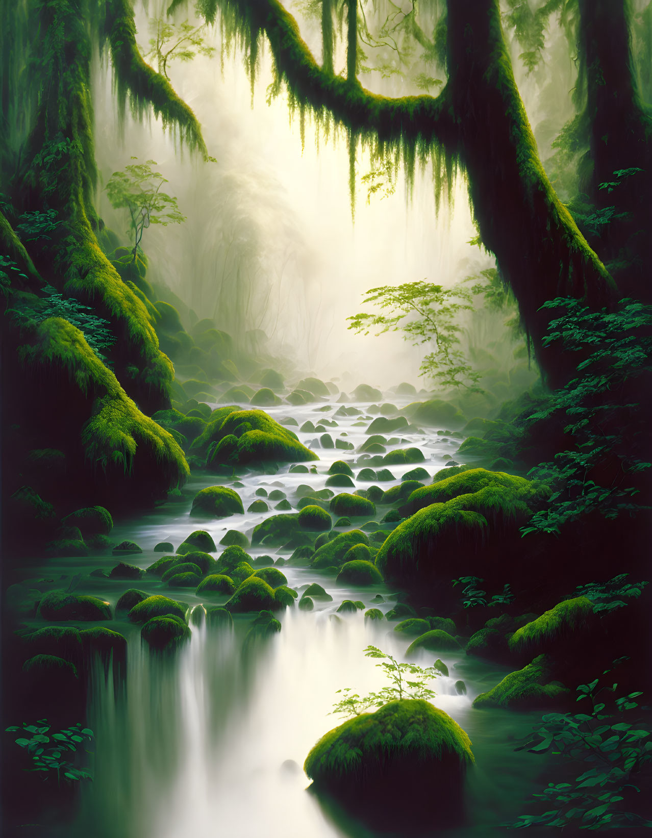 Tranquil forest landscape with misty river and lush greenery