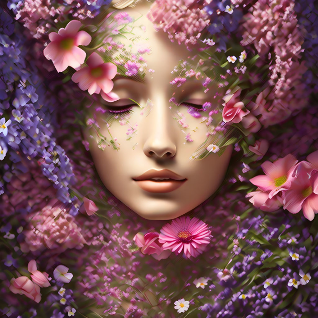 Tranquil face surrounded by pink, purple, and white flowers