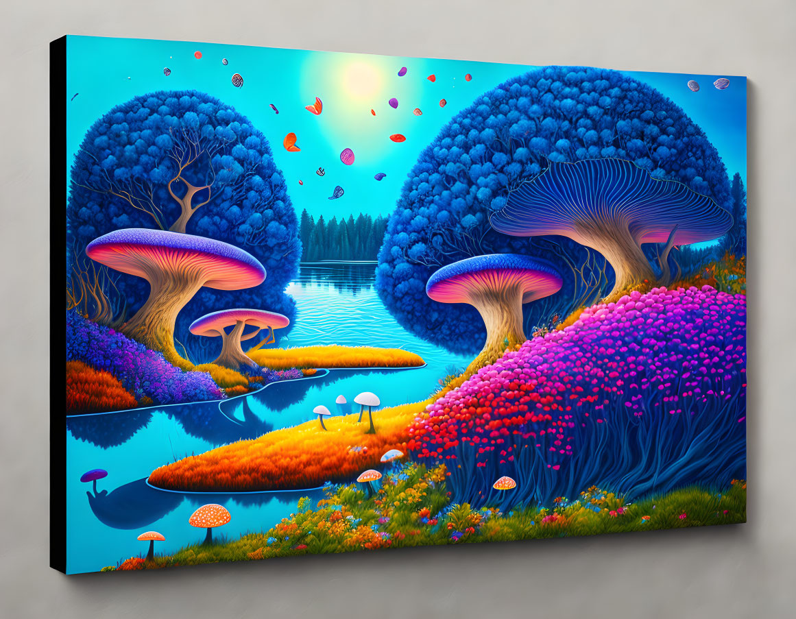 Colorful Canvas Art: Whimsical Landscape with Mushrooms, Flora, Lake, and Butter