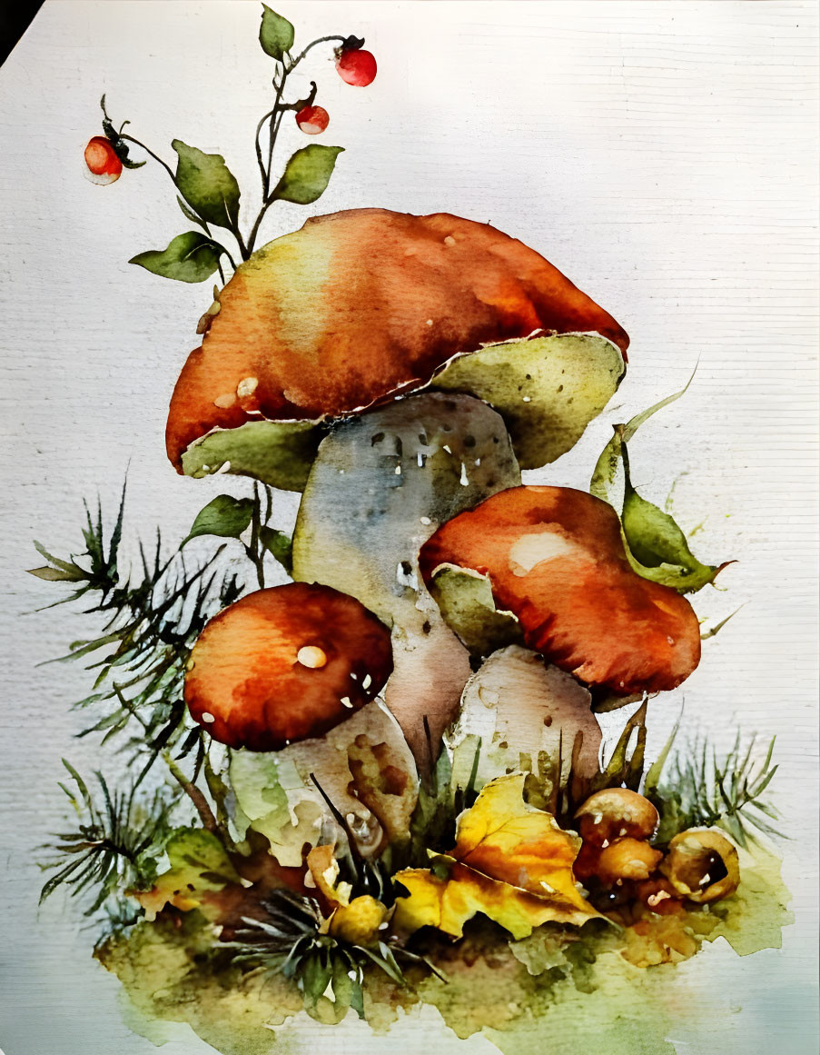 Colorful Watercolor Painting of Mushrooms and Foliage