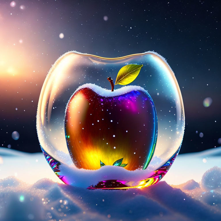 Digitally-rendered apple in transparent bubble on snow under starry sky