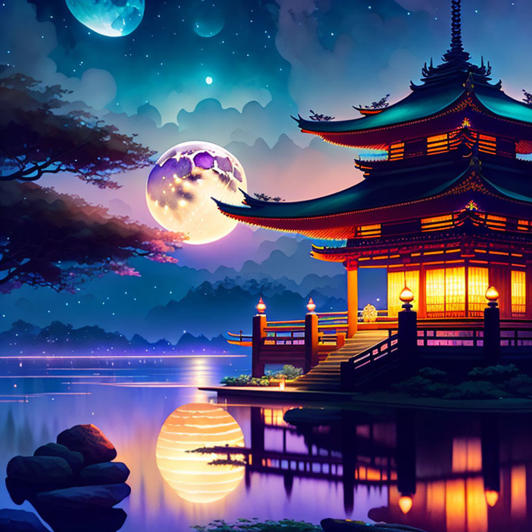 Japanese Pagoda Night Scene with Moon and Stars