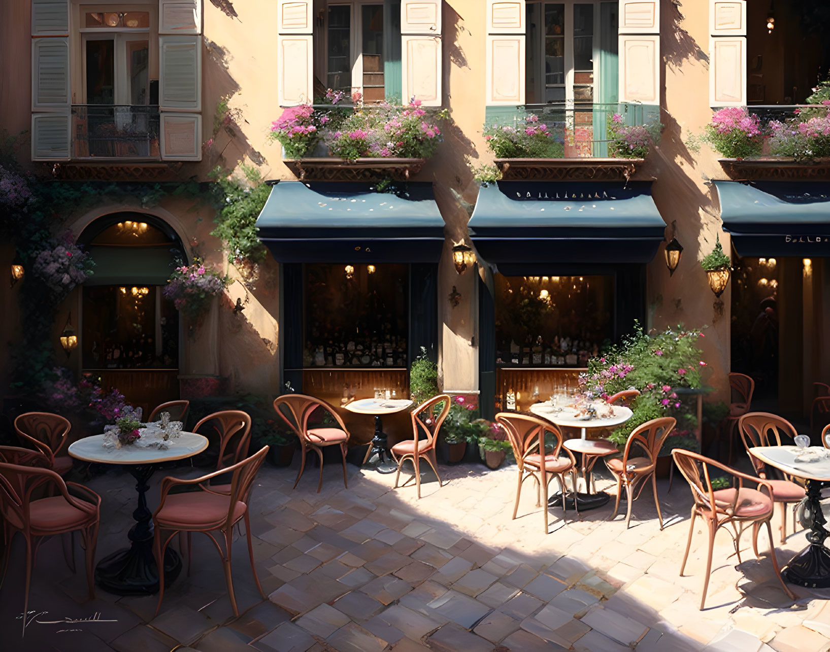 Quaint Street Cafe with Outdoor Seating and Flower Boxes