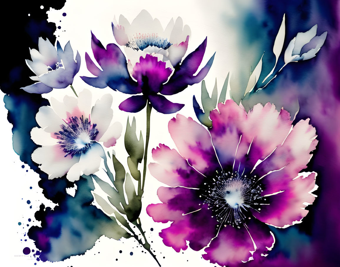 Vibrant purple and pink flowers in watercolor painting