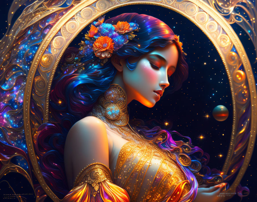 Fantastical portrait of a woman with blue hair and floral adornments in golden attire against cosmic backdrop