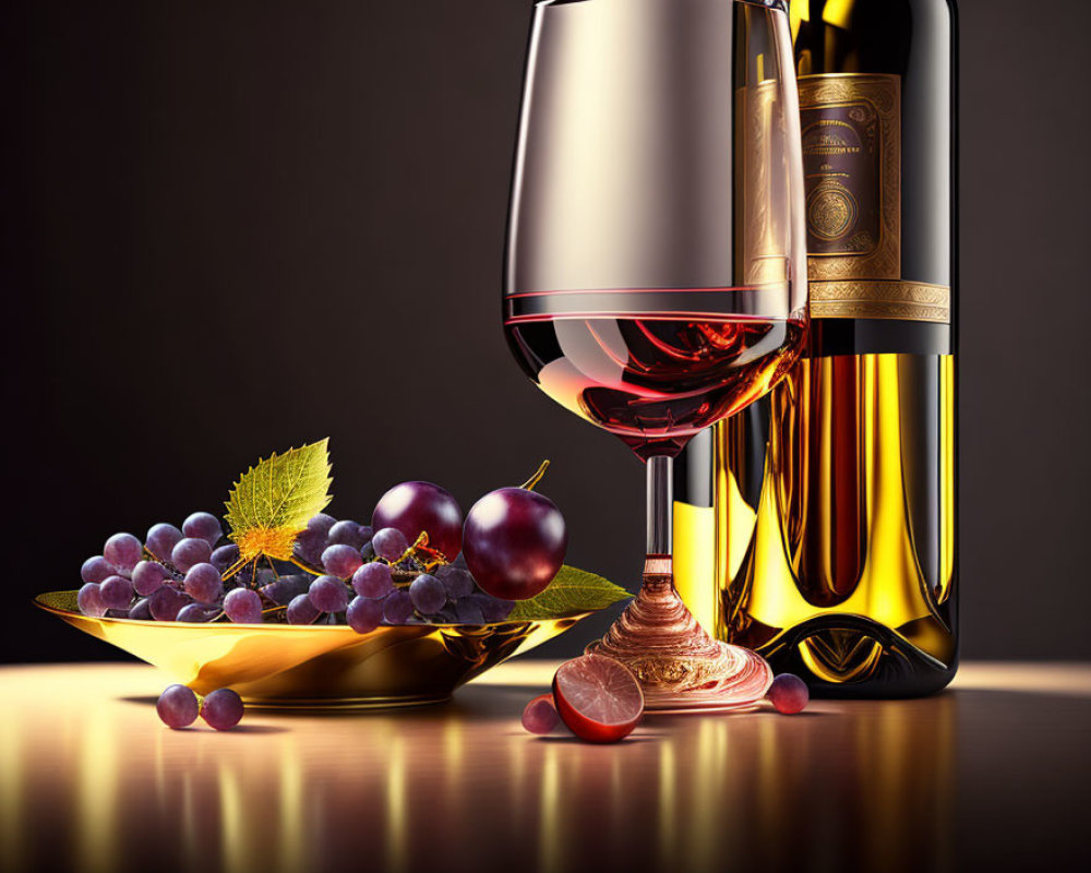 Glass of Red Wine, Bottle, Grapes on Table with Warm Light and Dark Background