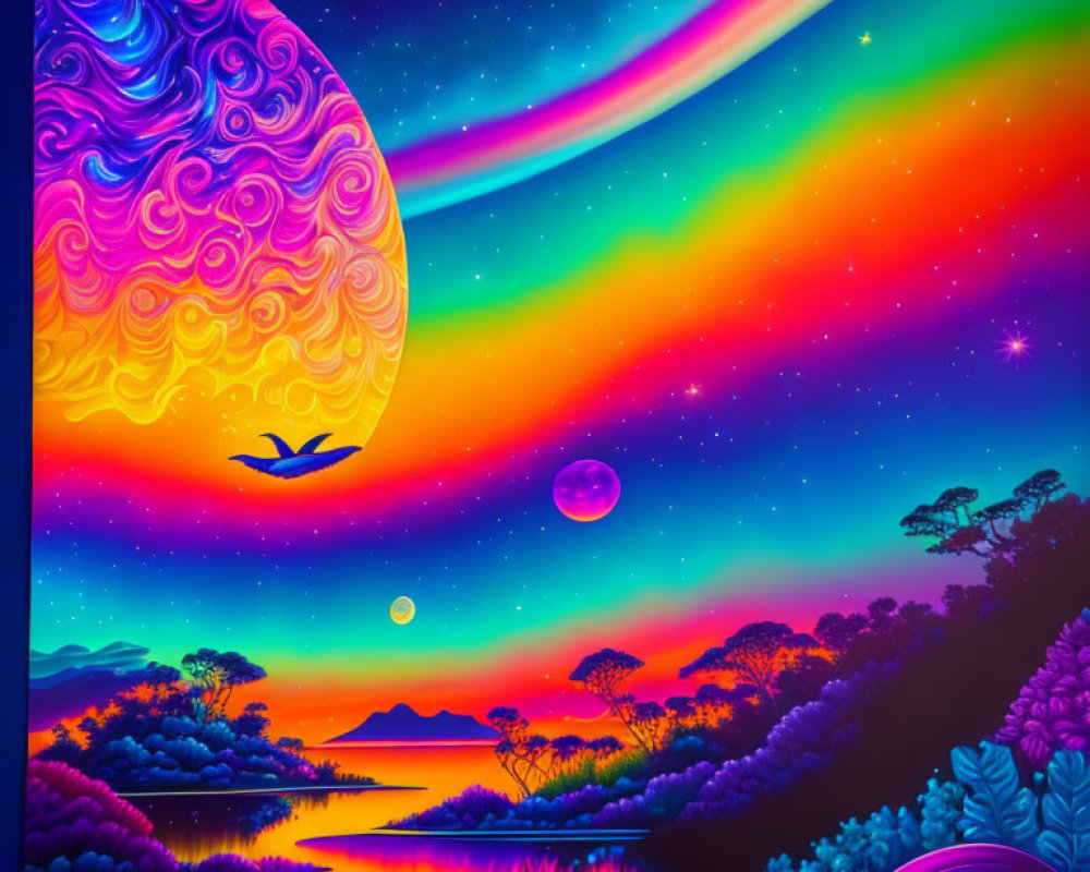 Colorful Psychedelic Landscape with Moon, Bird Silhouette, and River