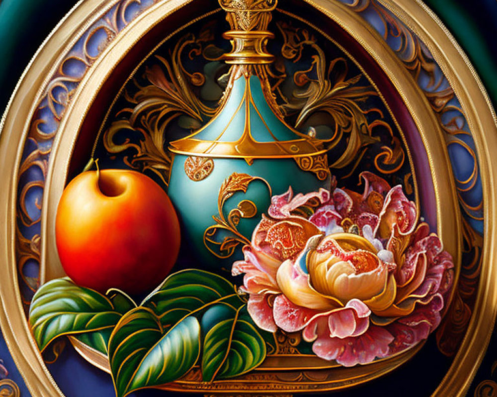 Detailed still life painting: blue vase, ripe peach, pink peony, green leaves on dark blue