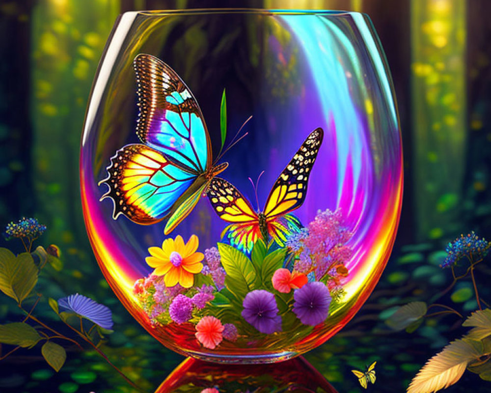 Colorful digital artwork: Butterflies, flowers, wine glass in enchanted forest