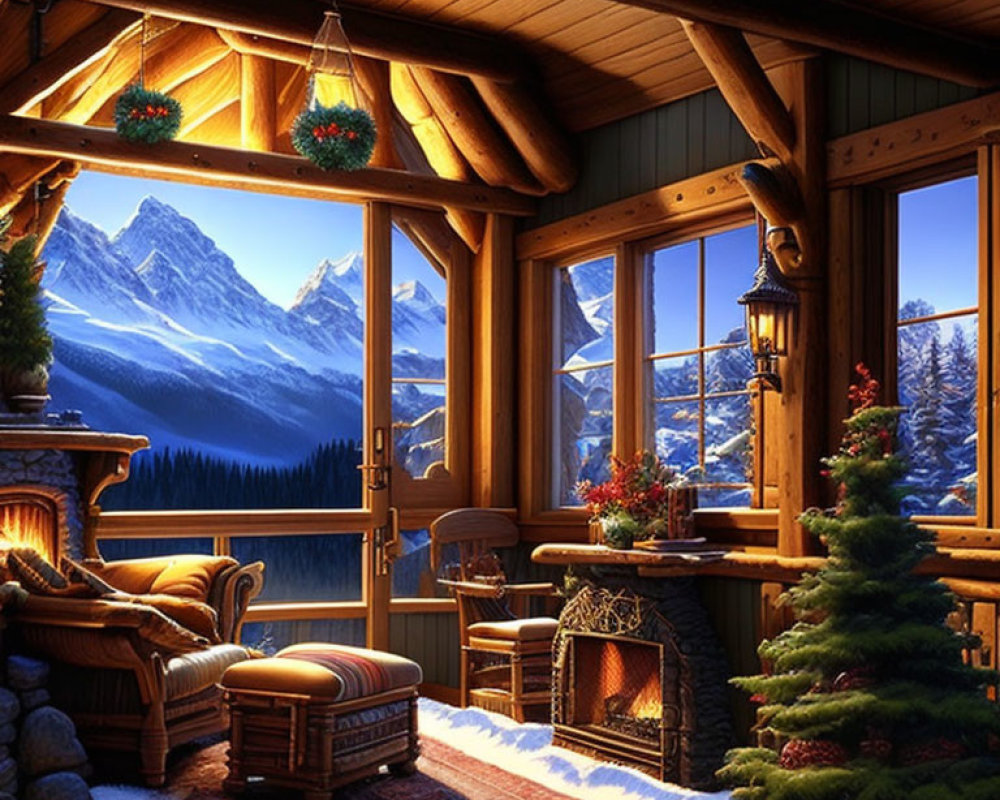 Rustic cabin interior with festive decor, fireplace, and snowy mountain view