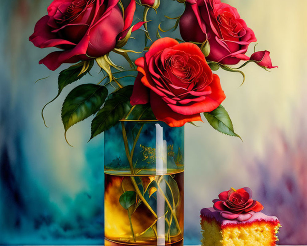 Colorful painting of red roses, whiskey glass, and cake on dreamy backdrop