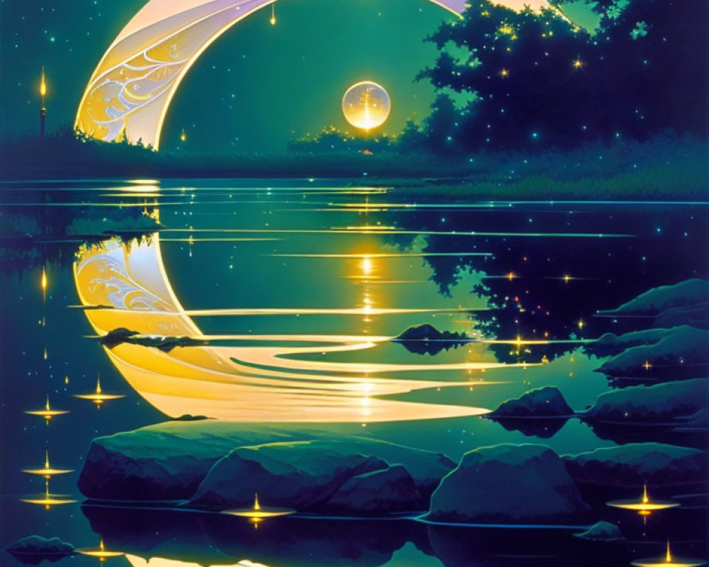 Nighttime landscape with crescent moon over calm lake and glowing orbs