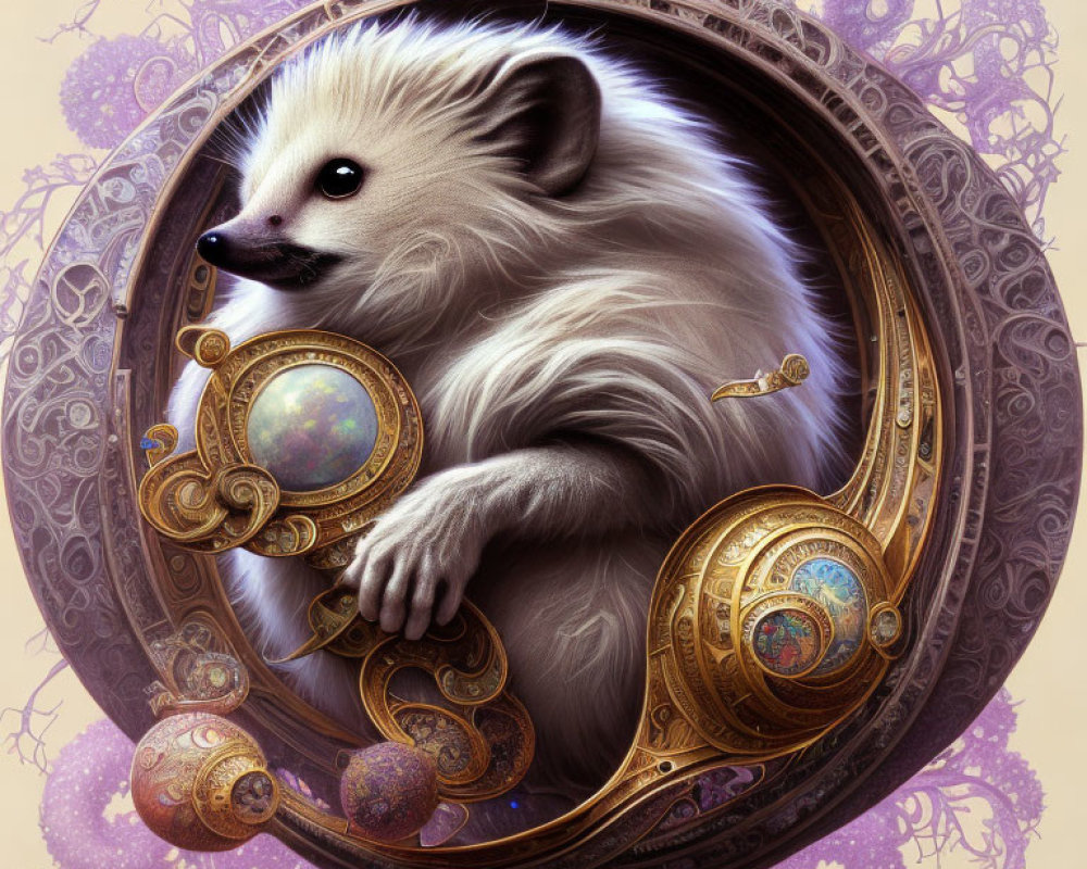 Fantasy illustration of fluffy hedgehog-like creature with golden celestial spheres in ornate border.