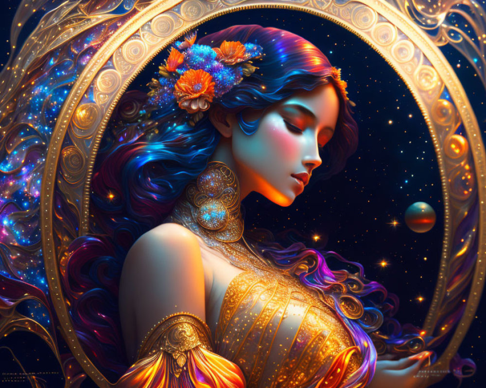 Fantastical portrait of a woman with blue hair and floral adornments in golden attire against cosmic backdrop