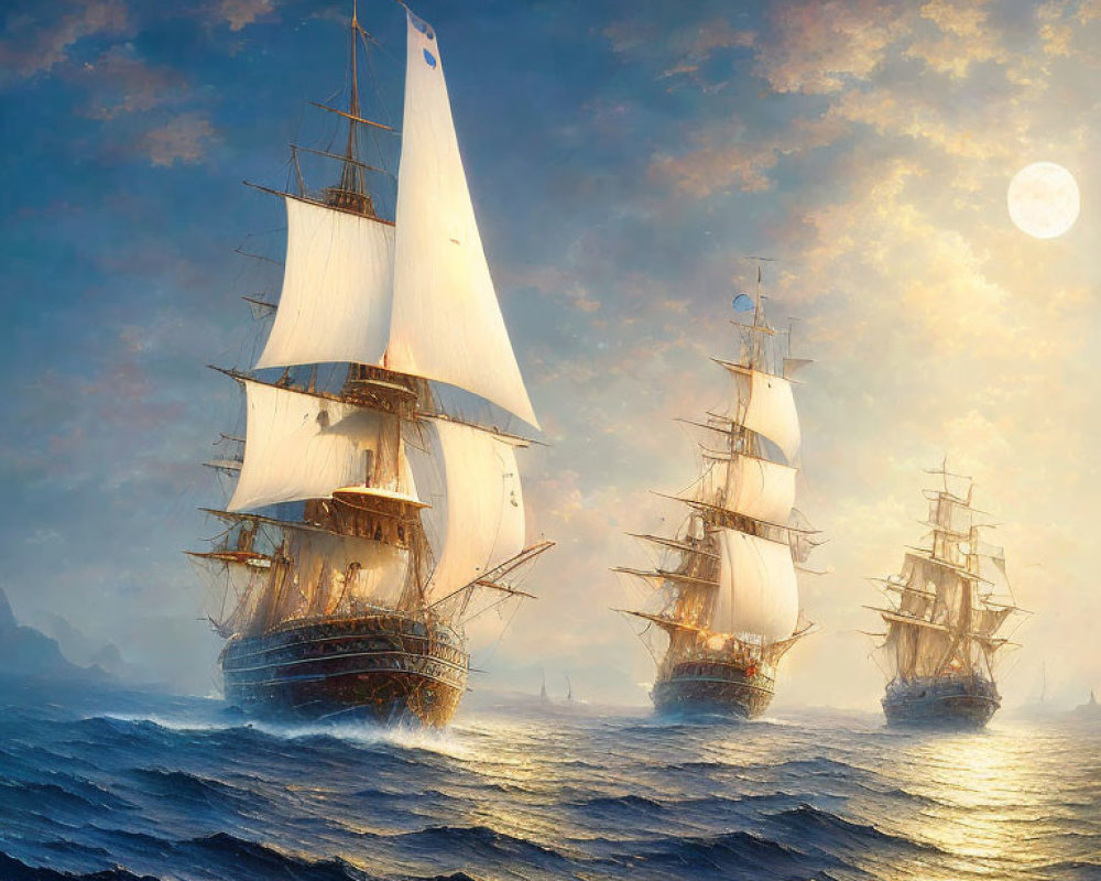 Fantasy Scene: Three Tall Ships on Shimmering Sea