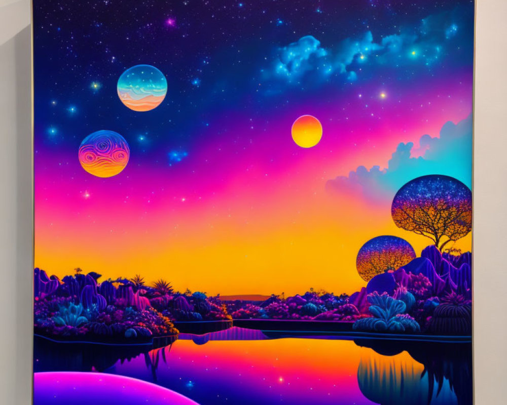 Colorful Surreal Landscape with Multiple Moons and Starry Sky reflected in Water