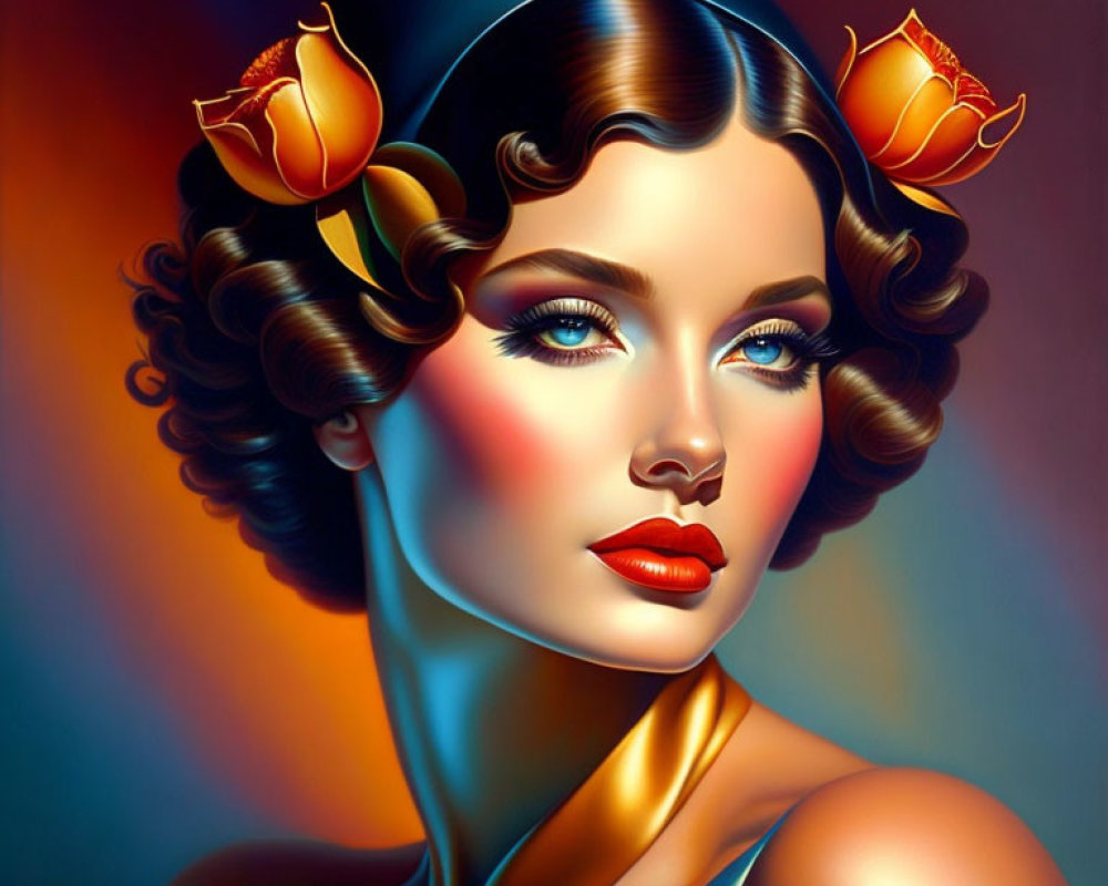 Stylized portrait of woman with vintage waves and orange roses on warm gradient background