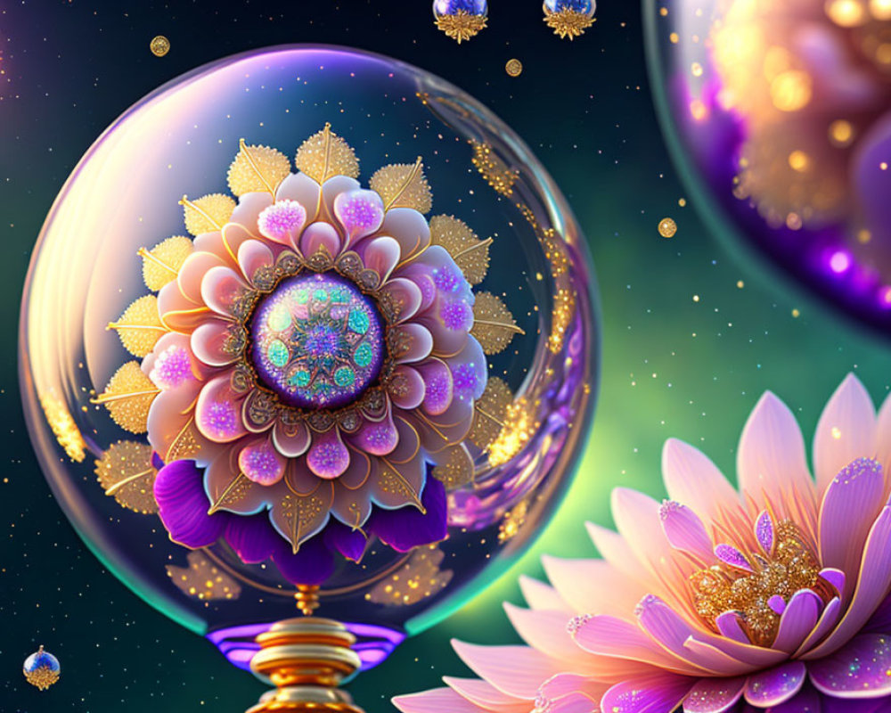 Spherical crystal with lotus and golden flowers on starry background