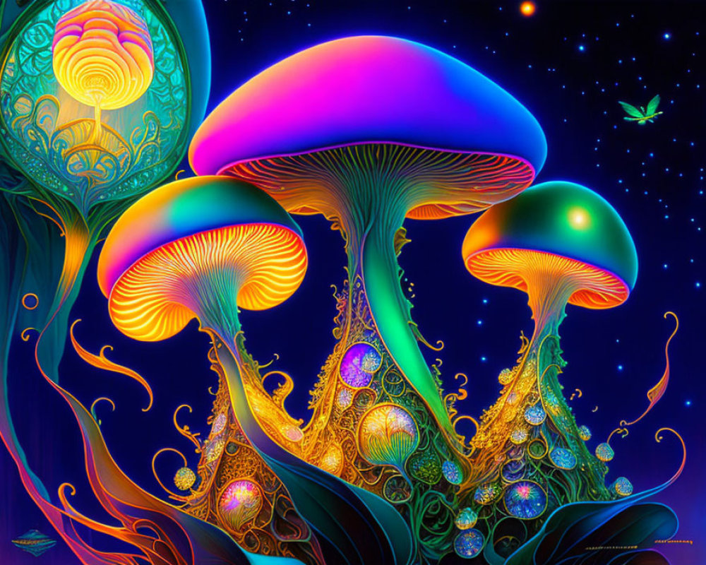 Vibrant Neon-Colored Mushrooms, Glowing Tree, and Luminous Butterfly in Psy