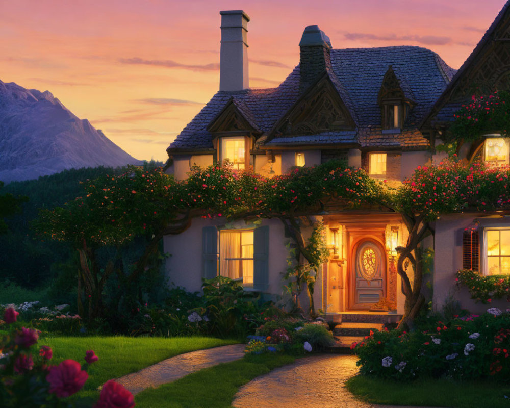 Cozy cottage surrounded by blooming flowers and mountains at dusk