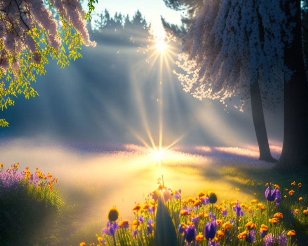 Serene sunrise over colorful forest meadow and blossoming trees