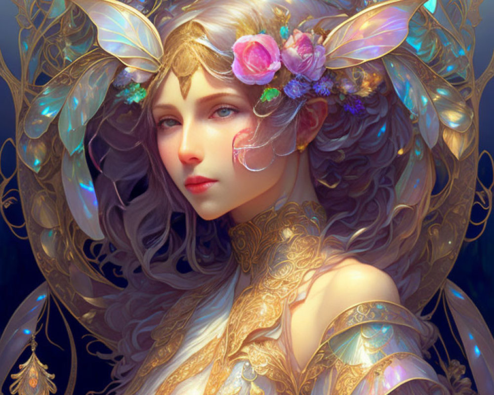 Ethereal female illustration with floral ornaments and golden armor against celestial backdrop