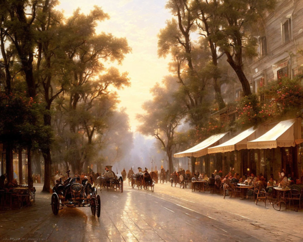 Busy Sunset Street Scene with Outdoor Dining, Horses, Carriages, and Glowing Trees