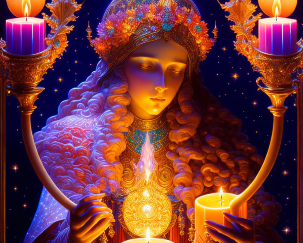 Ethereal woman with ornate headpiece and candles in vibrant colors